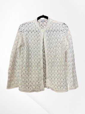 Vintage 1960s Carol Brent White Open Knit Button Down Cardigan Sweater Small